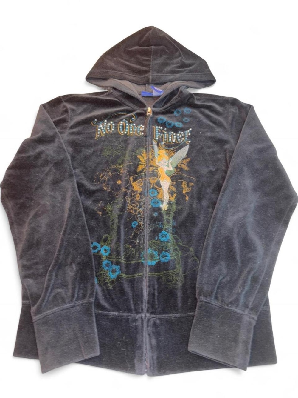Disney Black Velour Zip Hoodie with Tinker Bell and Floral Print